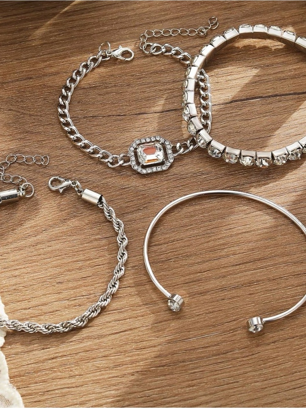 Crystal Accented Silver Bracelet Stack - Women's Layered Set